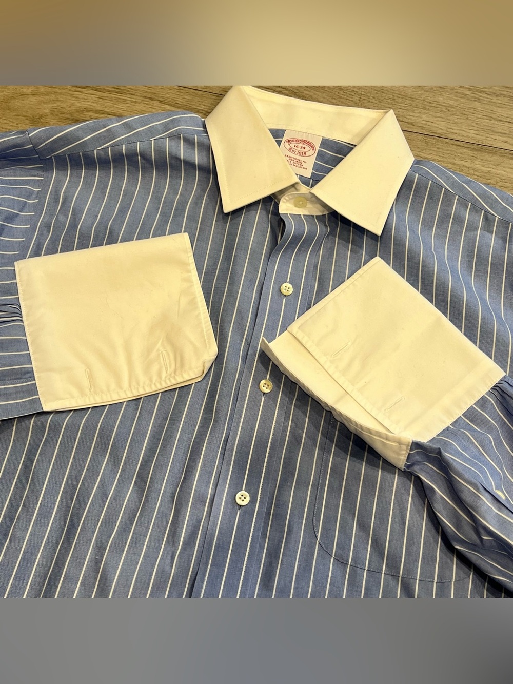 Vintage Brooks Brothers Dress Shirt Men’s 16-34 Blue Stripe French Cuff Preppy